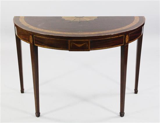 George III and later marquetry inlaid and crossbanded demi lune hall table(-)